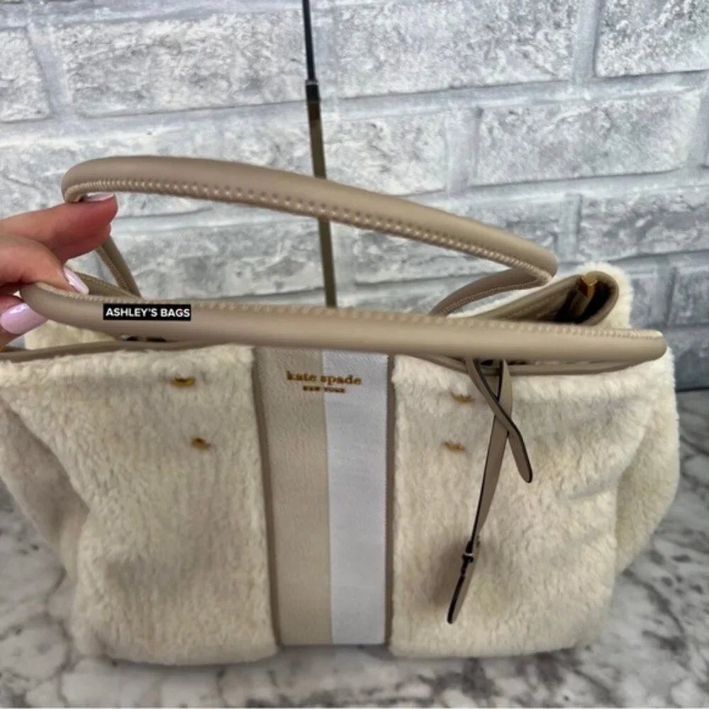 Kate Spade Everything Racing Stripe Faux Shearling Large Tote In Cream Multi